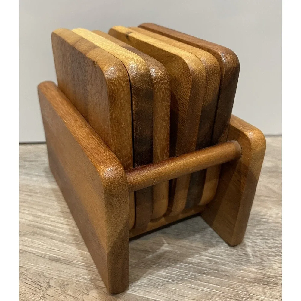 Six Wooden Coaster Set Square Holder